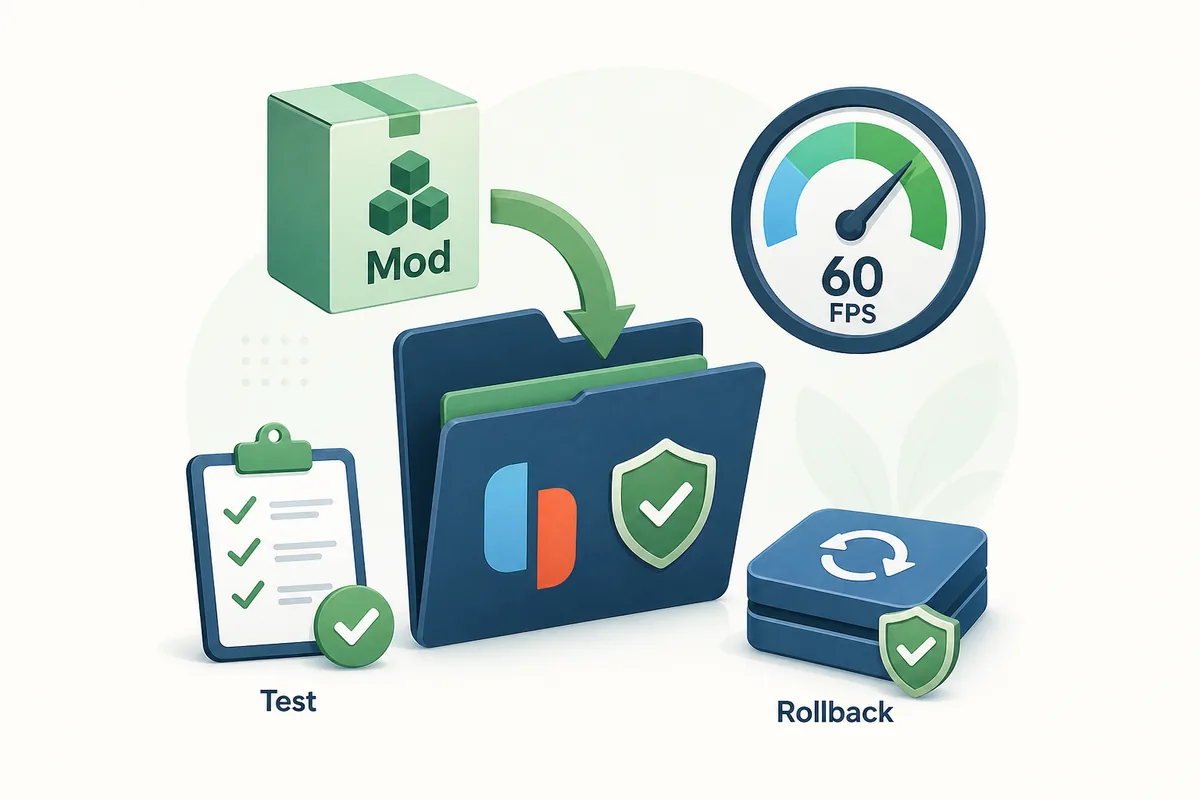 Editorial illustration of a Ryujinx 60 FPS mod package moving into a verified mod folder with test and rollback cues