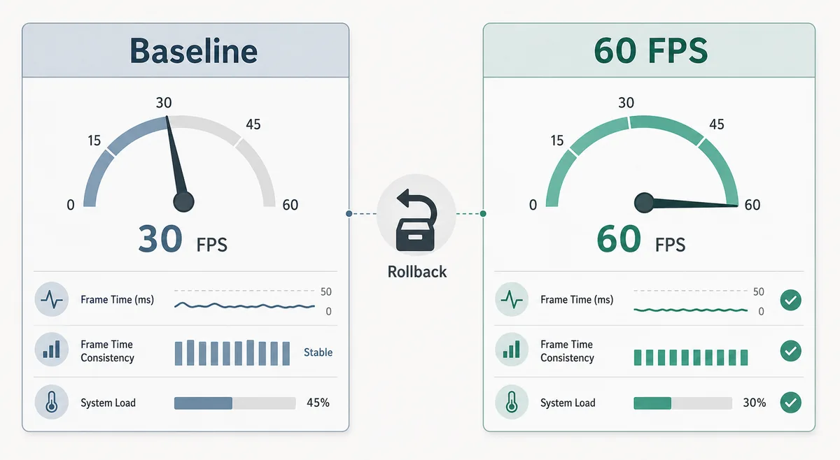 Comparison graphic for Ryujinx 60 FPS mod baseline, modified test run and rollback decision