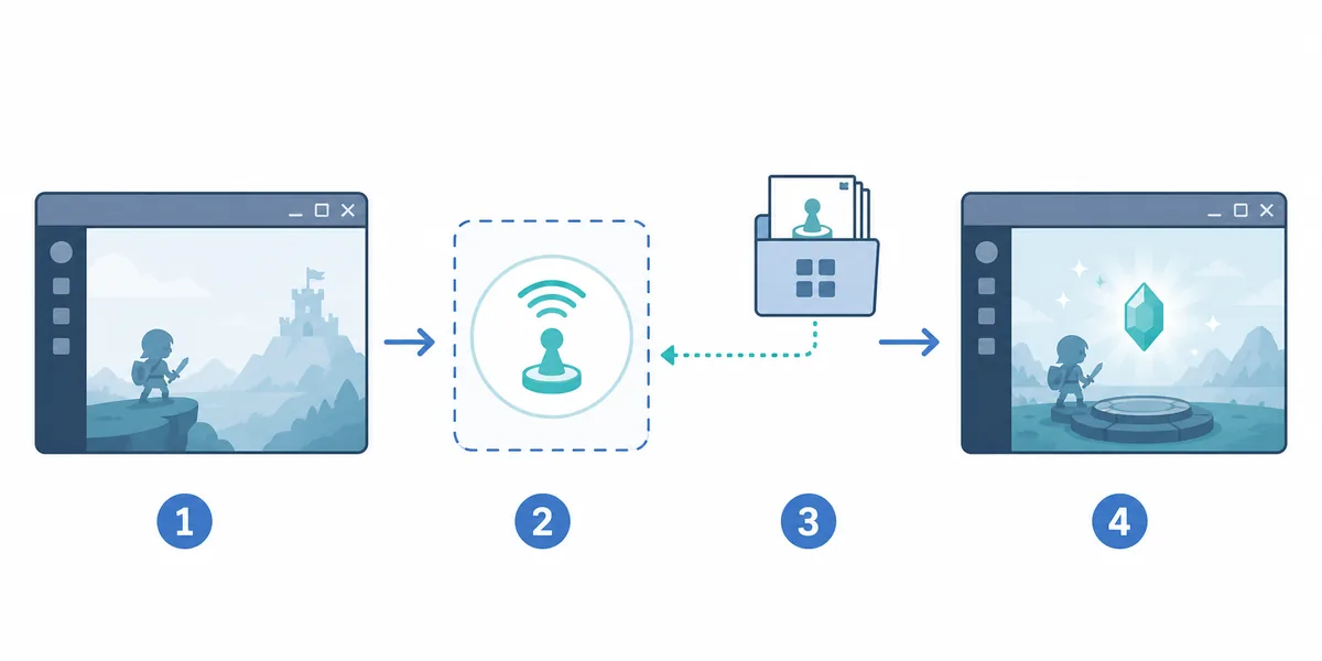 Editorial illustration of a Ryujinx amiibo scan flow from a game menu to data selection and in-game verification