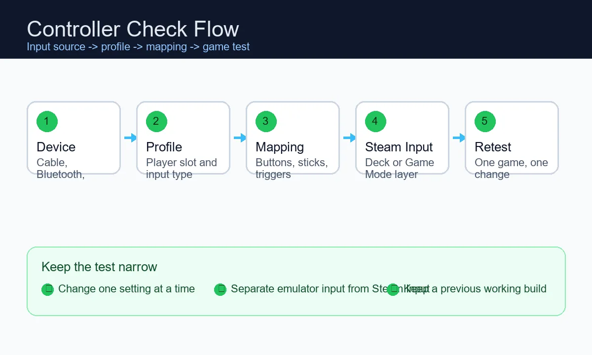 Ryujinx Canary controller troubleshooting flow showing device, profile, mapping, Steam Input and retest steps