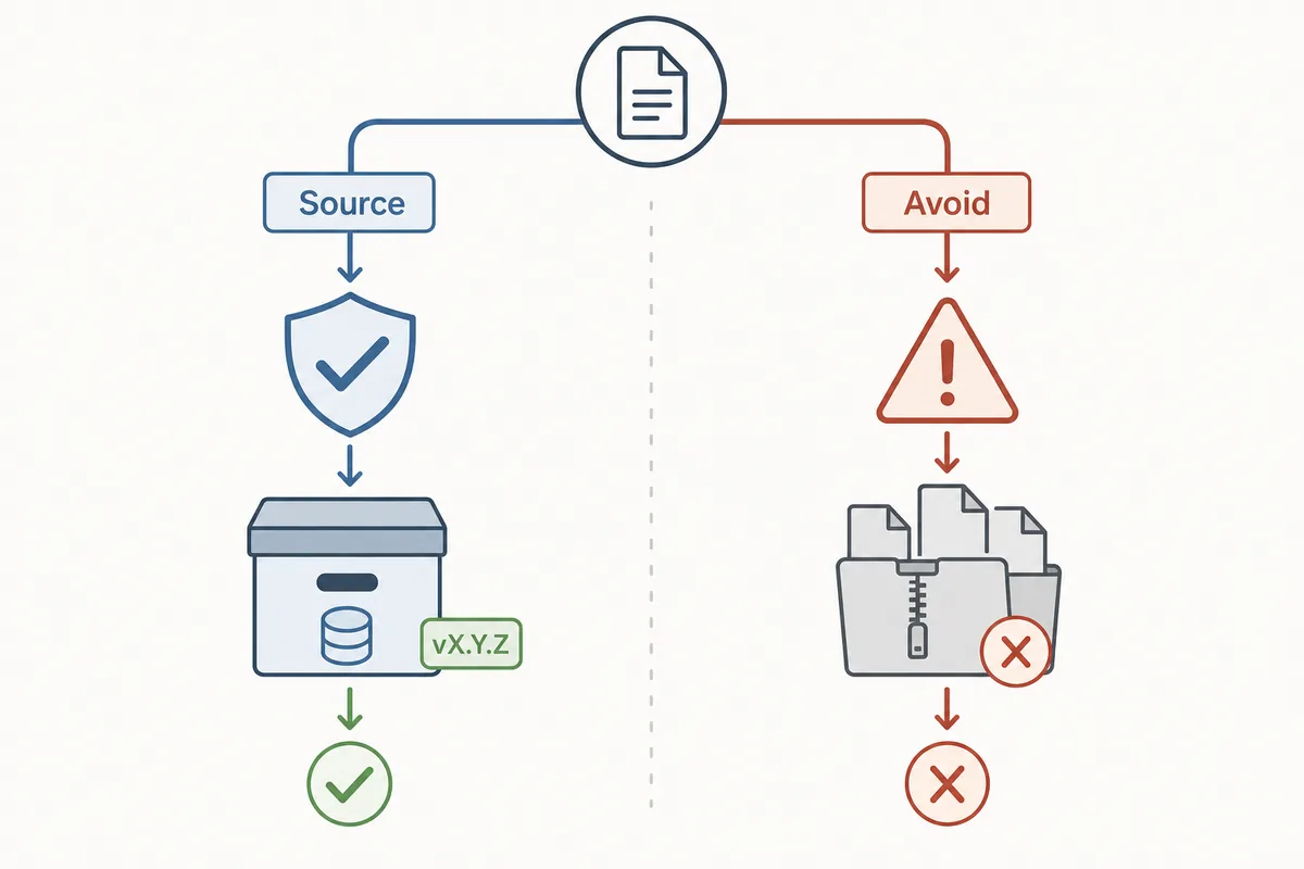 Editorial safety boundary graphic separating trusted source archives from unsafe bundled files