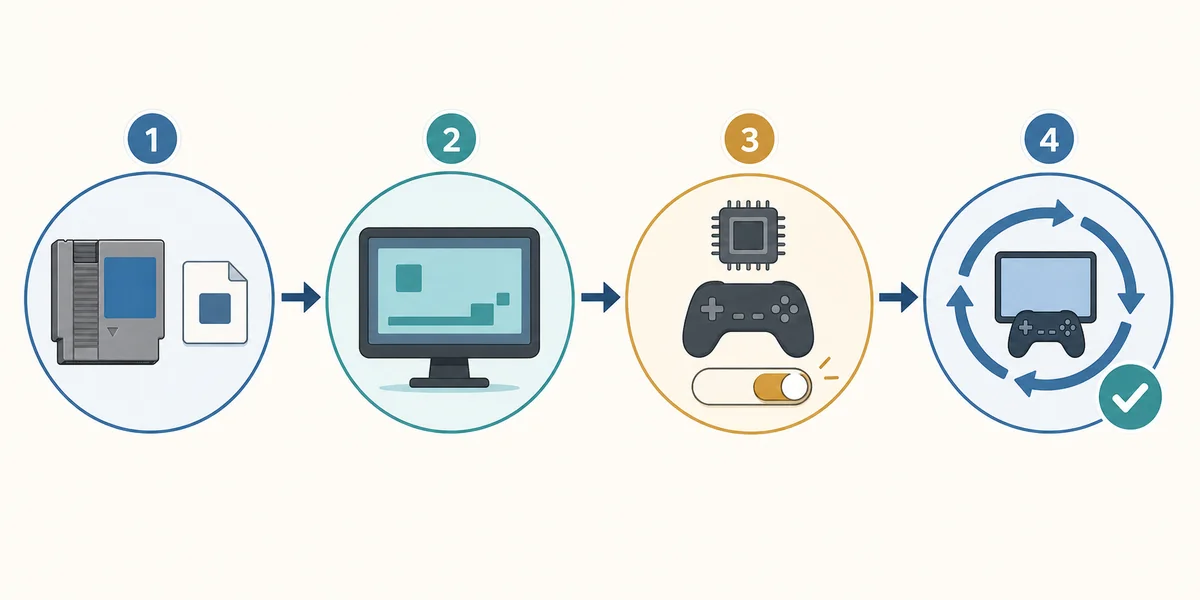 Redaktionelle Illustration eines vierstufigen Ryujinx-Kompatibilitätstests mit legalem Spiel, Standardwerten, einer Änderung und erneutem Test