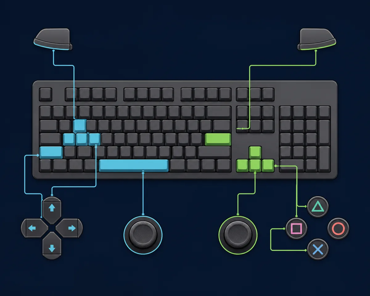 Editorial flow diagram showing Ryujinx keyboard mapping from Player 1 selection through saved profile testing
