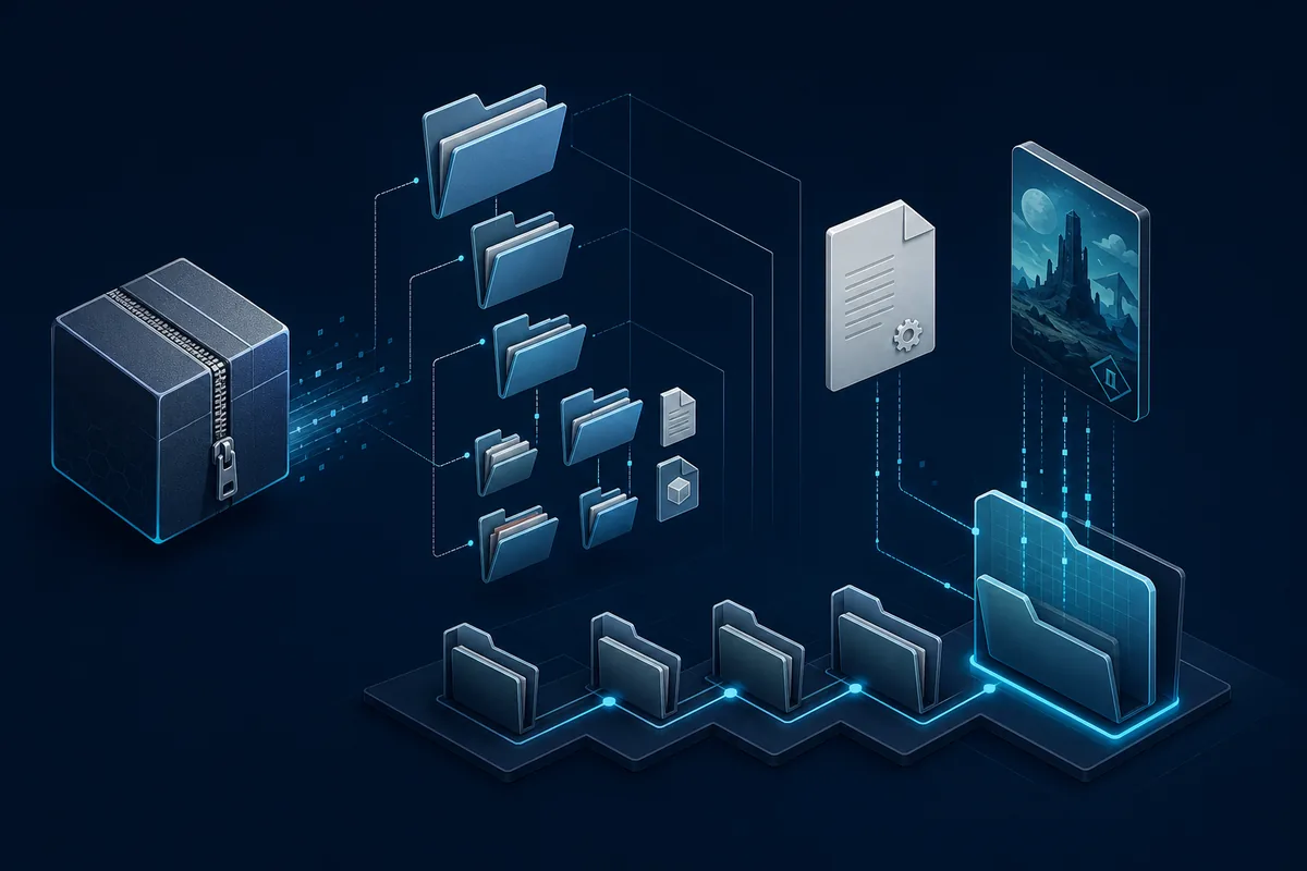 Editorial illustration of an archive expanding into a structured game mod folder