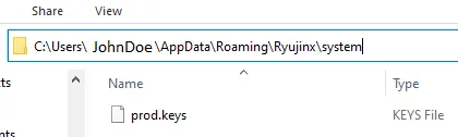 Ryujinx system folder showing prod.keys placed in the correct directory