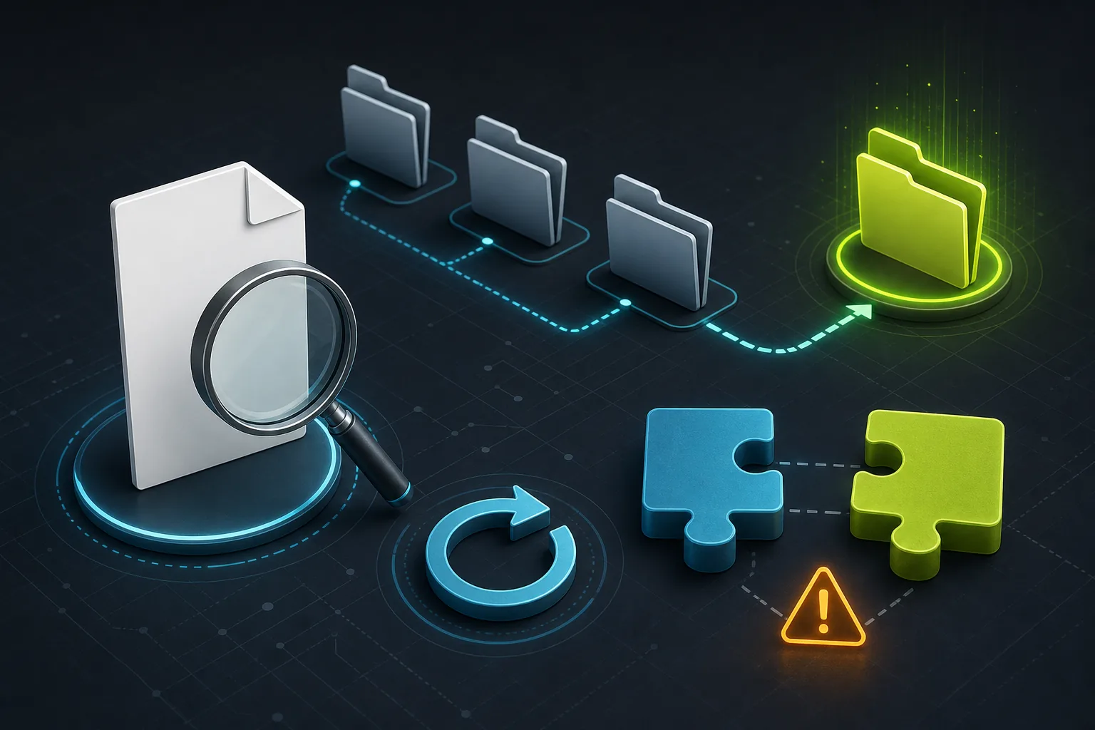 Concept illustration of checking a file, folder path, restart and compatibility