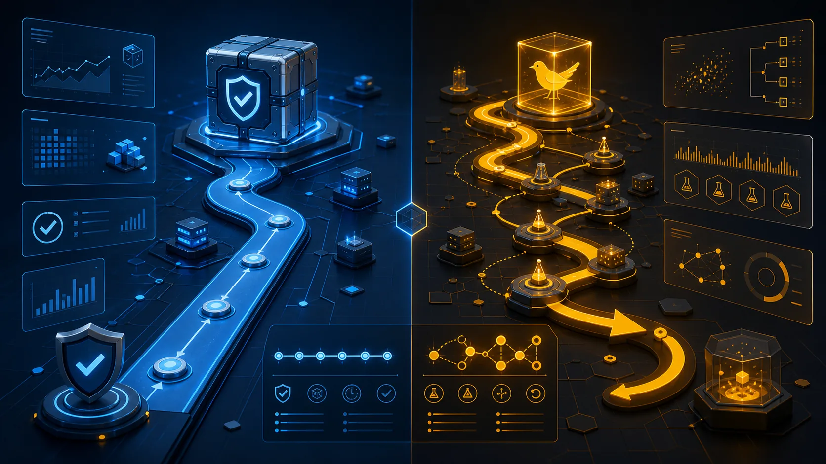 Editorial comparison illustration with a calm stable path and a faster experimental Canary path