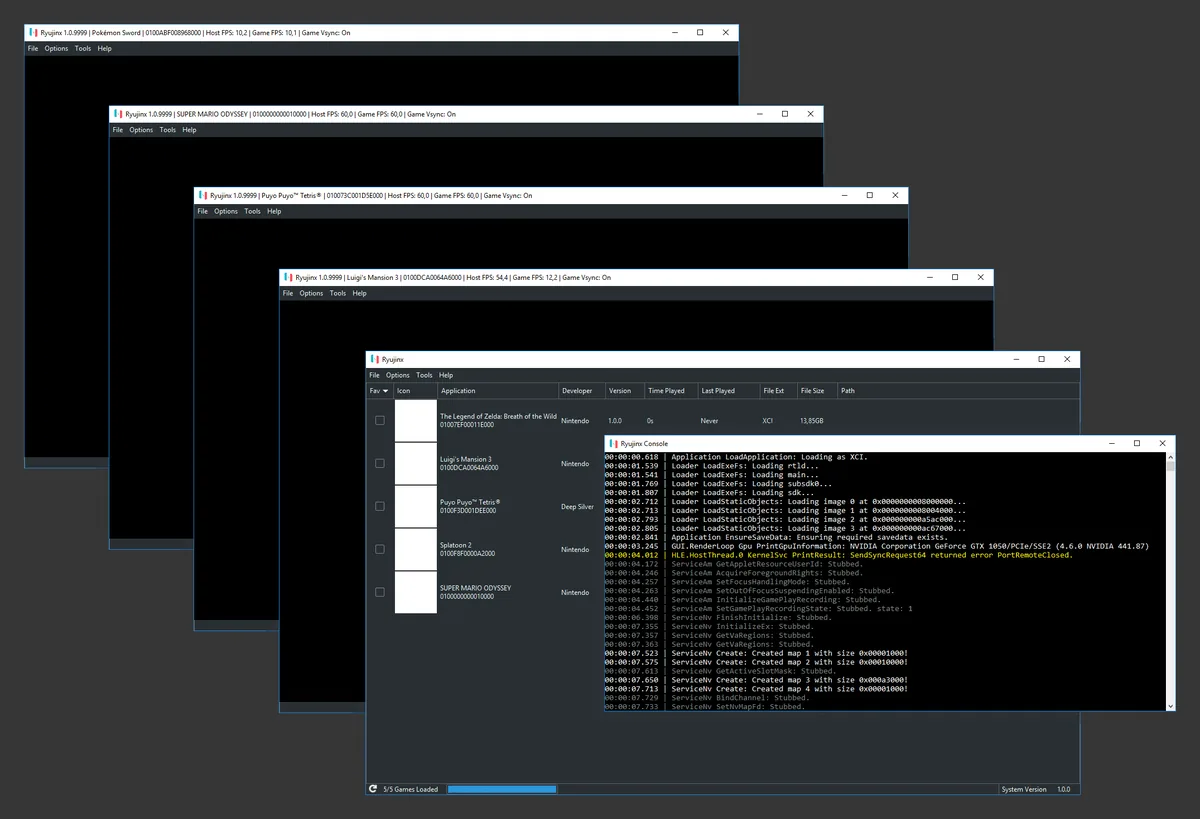 Interfaccia storica reale di Ryujinx su Windows con giochi e console